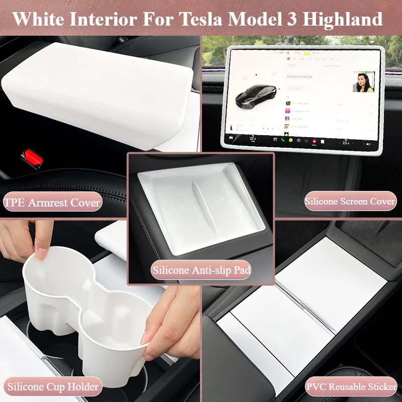 White Interior for Tesla Model 3 Highland Center Console Steering Wheel Cover Sticker Storage Anti-kick Pad Matte White Model 3+