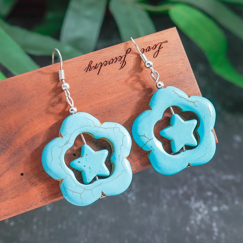 Böhmische türkisfarbene Stern-Tropfenohrringe für Frauen und Mädchen, Party, Urlaub, Schmuck, Geschenke – Detail 2