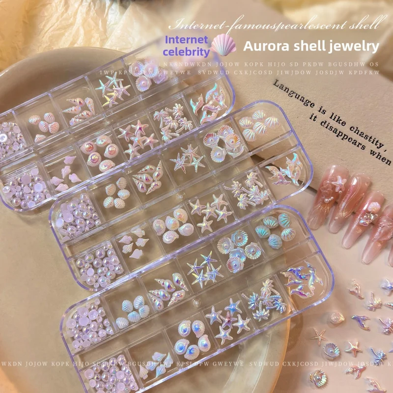 Lyle 3D Aurora Shimmer Ocean Nail Decor Set 12 Grids Mixed Shells Starfish Mermaid Tail Nail Studs Summer Manicure Supplies