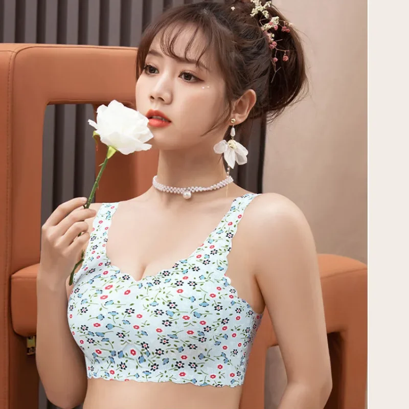 40-100KG Summer Thin Traceless Ice Silk Women Bras Large Size Beautiful Back Lingerie Floral Print Non Steel Ring Gather Bra