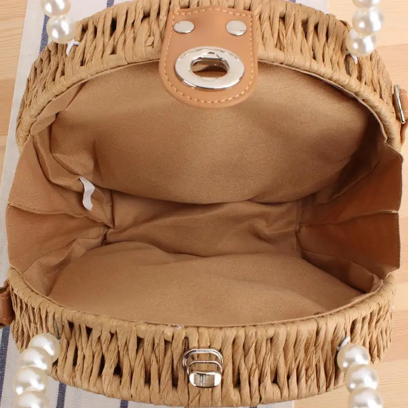 Pearls Handle Straw Bag Handbags Paper Rope Woven Bags for Women 2024 Bohemian Clip Shoulder Crossbody Bag Flower Purses Clutch
