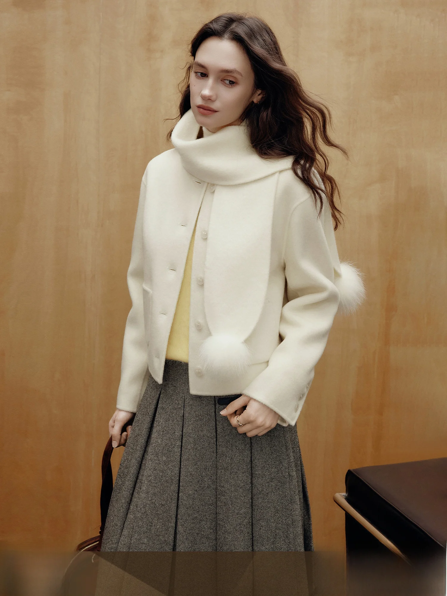 Warm Winter Wool Scarf for Women Fashionable New Style Famanxuan White Wool Ball Scarf Geometric Pattern Rectangle Shape Scarf