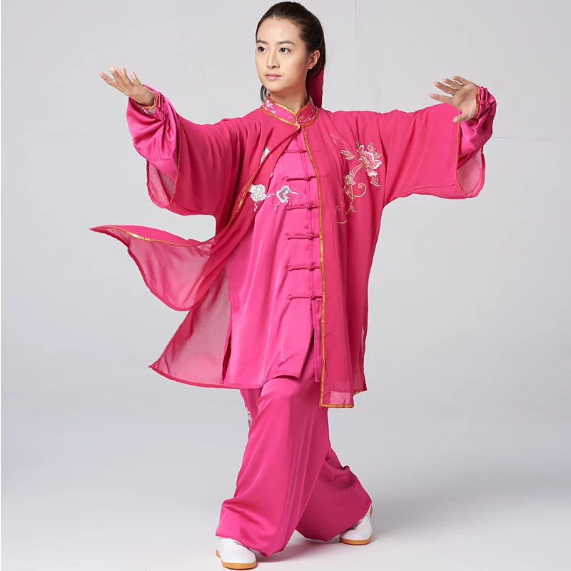 Women's Tai Chi Suit New Arrival Magenta Peony Embroidery 3-Piece Set Shawl Collar Performance & Competition Wear