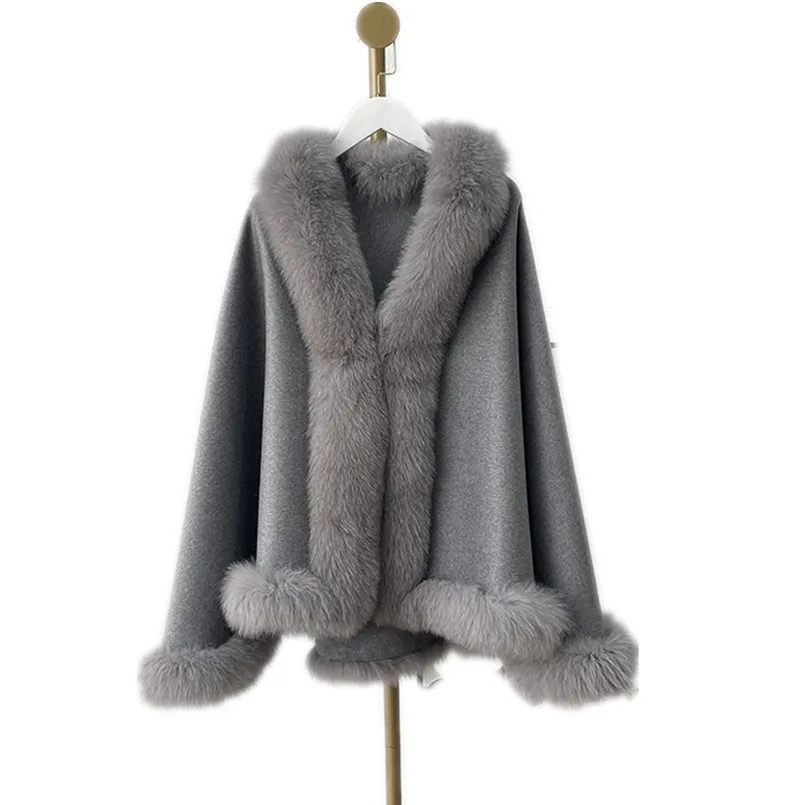 

Women's New 100% Wool Shawl with Genuine Fox Fur Trimmed Wraps Cape Luxury Stole Outdoor Warm Scarf