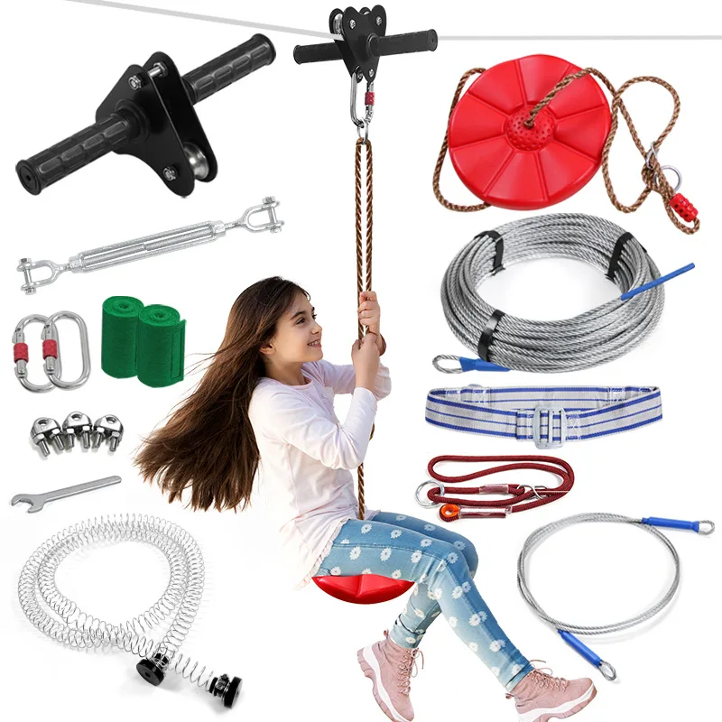 Outdoor DIY Zip Line Kit with Hand Held Pulley, Adjustable Height Swing Set for Kids Backyard School Playground Fun