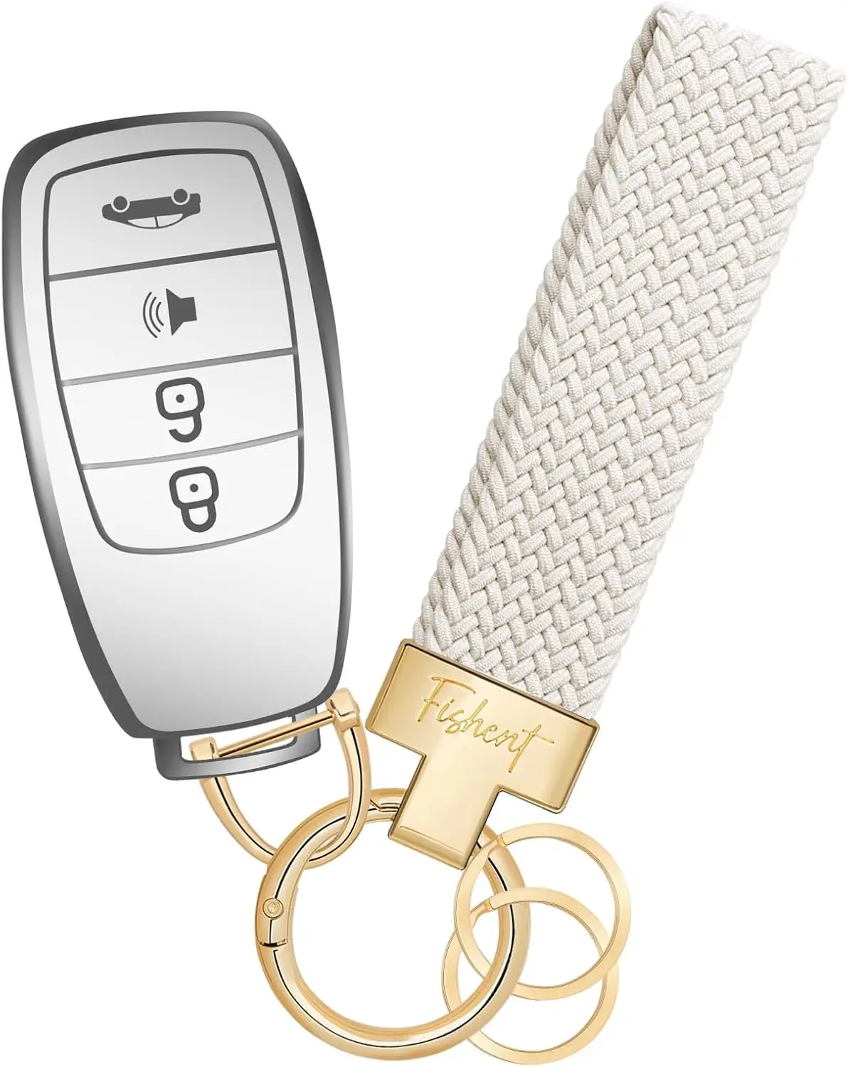 Fishent Stretchy Car Keychain, Nylon Braided Cool Key Chain for Women Men, Universal Key Fob Holder with 3 Keyrings, Anti-Lost D