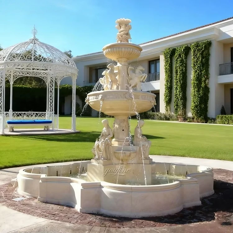 Classical Villa Outdoor Garden Center Art Decor Hand Carved Large Beige Marble Lady Water Fountain for Sale