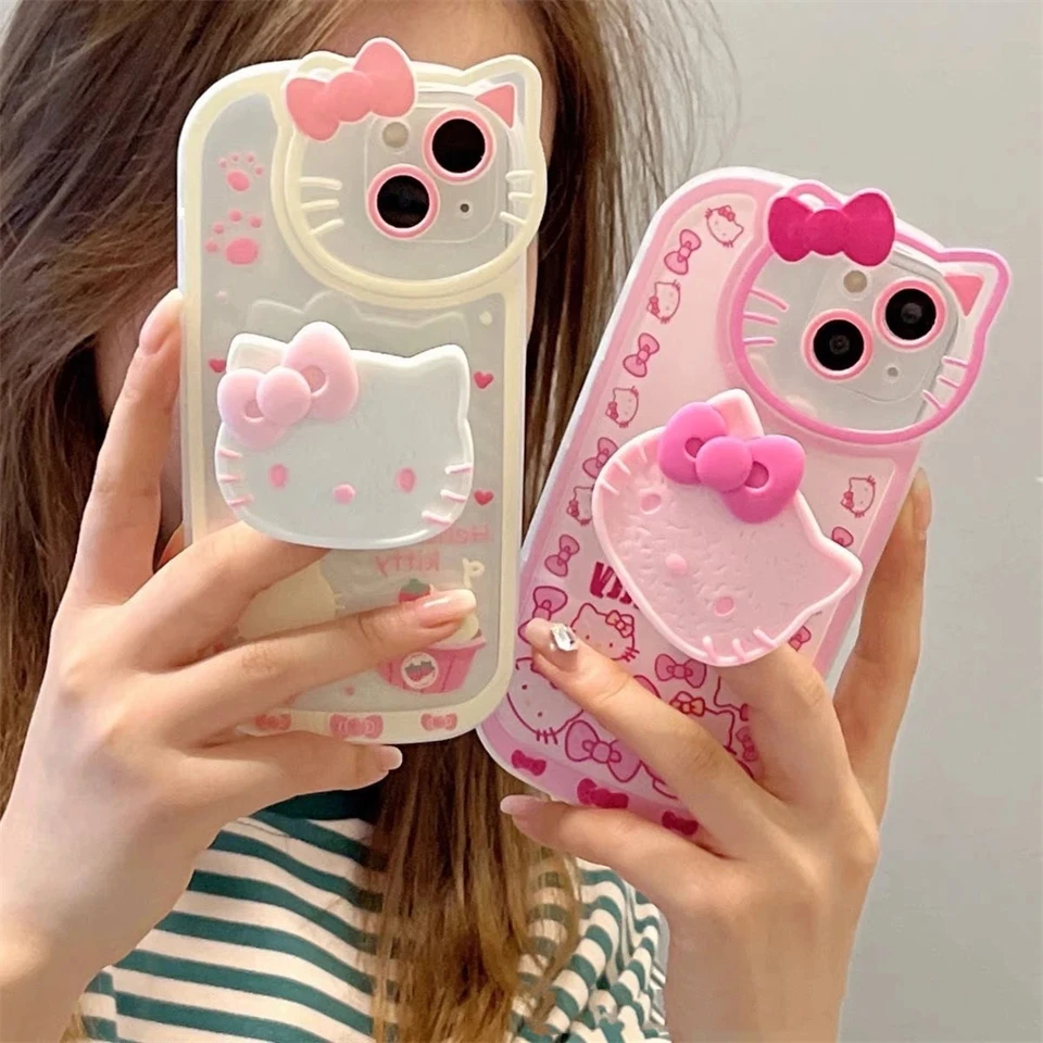 Sanrio Hello Kitty 3D Stand Soft Cases For iPhone 15 14 11 13 12 Pro Max XR XS 7 8 Plus Lovely Shockproof Cover Y2K Accessories