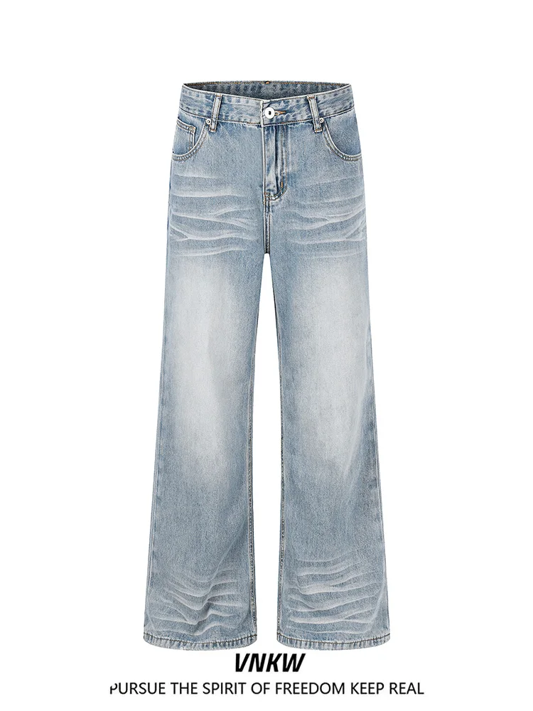 Jeans Retro Americano Lavado com Efeito Desgastado, Corte Solto, Jeans de Verão para Homens e Mulheres, Calças Casuais de Per...