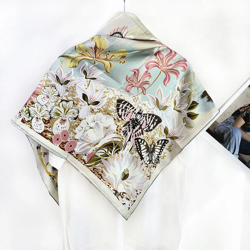 Large Square 100% Real Silk Scarf Shawl 2026 Spring Double Sided Printed Neck Head Scarves for Hair Wrapping 100x100cm