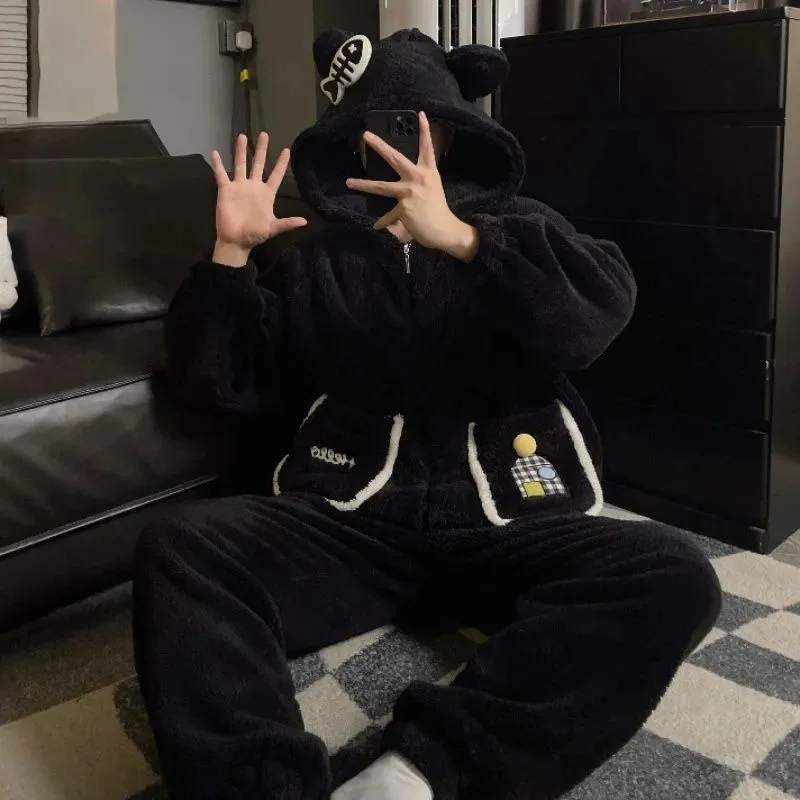 سانريو Kawaii الكرتون مرحبا كيتي الشتاء المرجان الصوف زوجين منامة الصوف بطانة سميكة الدافئة Homewear مجموعة هدية الكريسماس