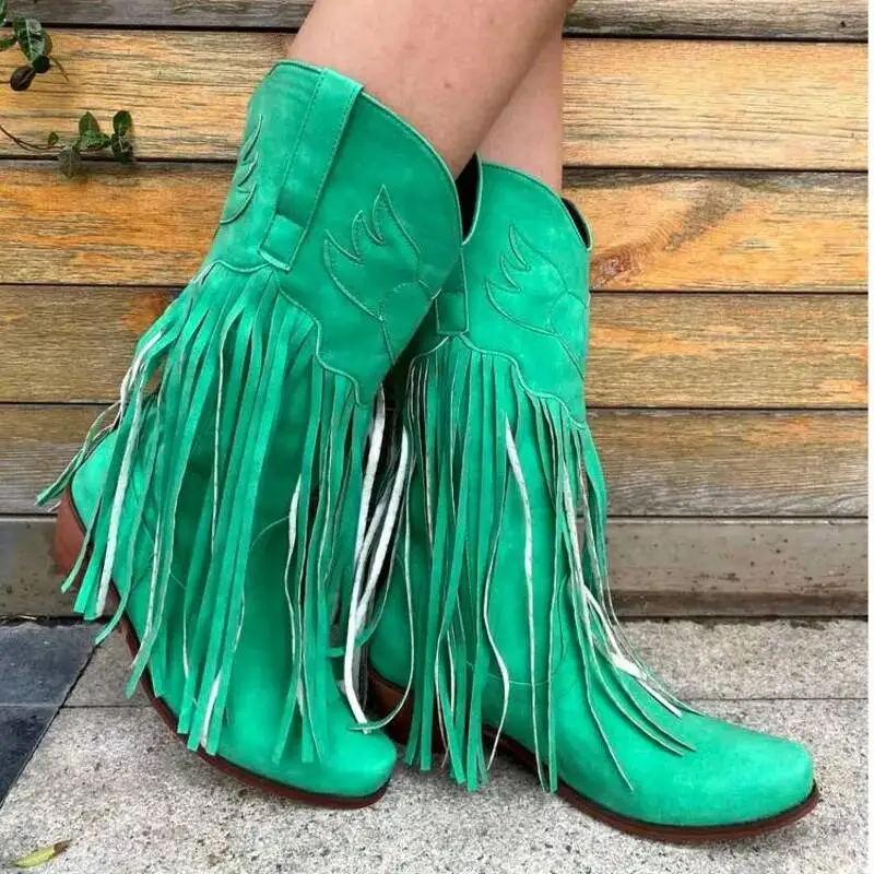 Women Pink Faux Suede Fringe Cowboy Boots Embroidery Wing Pattern Low Heel Mid Calf Western Boots