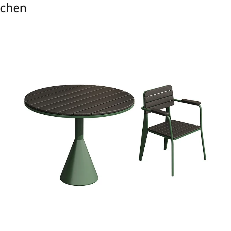 ZMLOutdoor Sunscreen Cafe Small Round Table Music Bar Courtyard Balcony Plastic Wood Table and Chair Set