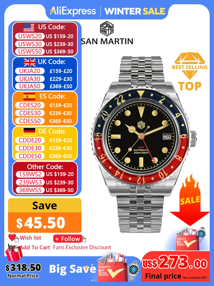 San Martin NH34 40mm GMT Luxury Sports Style Full Luminous Bidirectional Sapphire Bezel Automatic Mechanical Watch 20 Bar SN0005