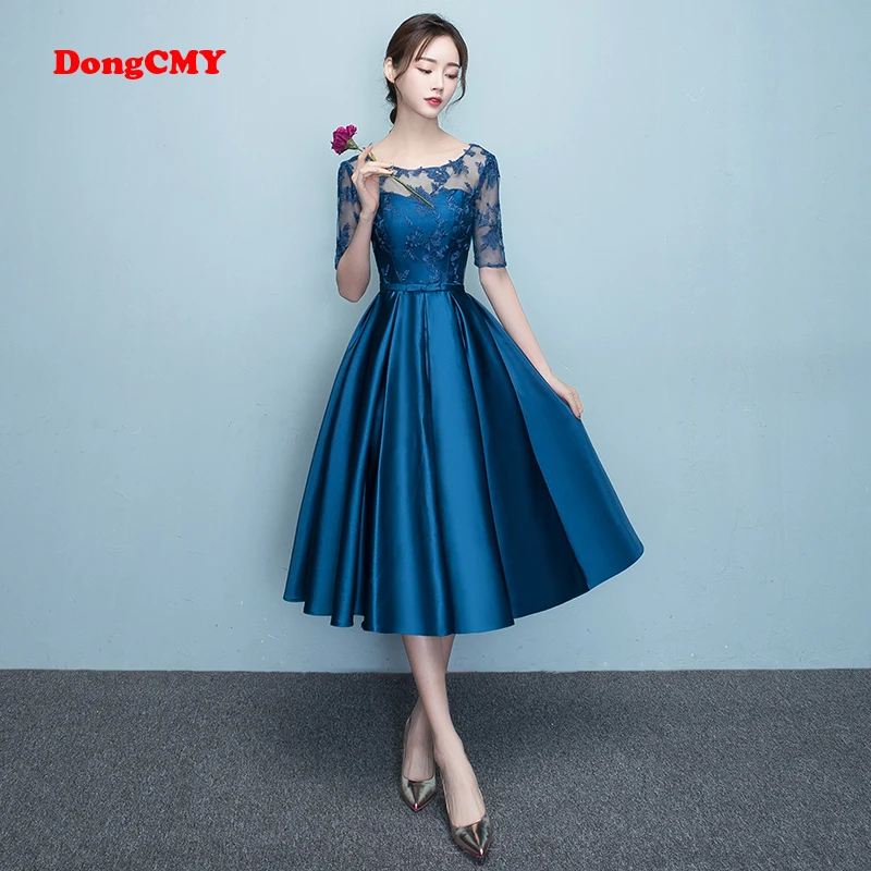 DongCMY 2025 Short Navy Bule Color Lace Robe Satin Prom Dress Elegant Party Women Midi Robes De Soirée Evening Dresses