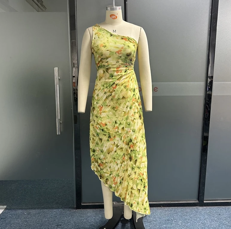 Robe longue imprimée en fibre décontractée, robe irrégulière creuse, fleur fragmentée, pliée, initiée, nouveau, été