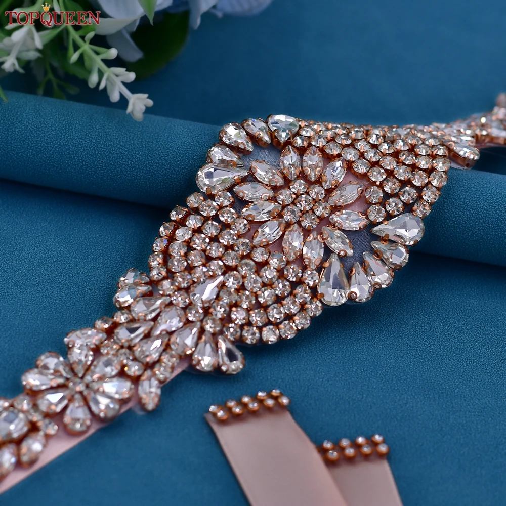 TOPQUEEN Bridal Belt And Sash Wedding Accessories Rose Gold Stone Applique Women's Formal Wear Accessories S123-RG