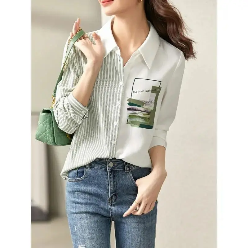 Female Casual Korean Striped Printed Spliced Blouse Fashion Commute Turn-down Collar Button Shirt Spring Autumn Women\'s Clothing