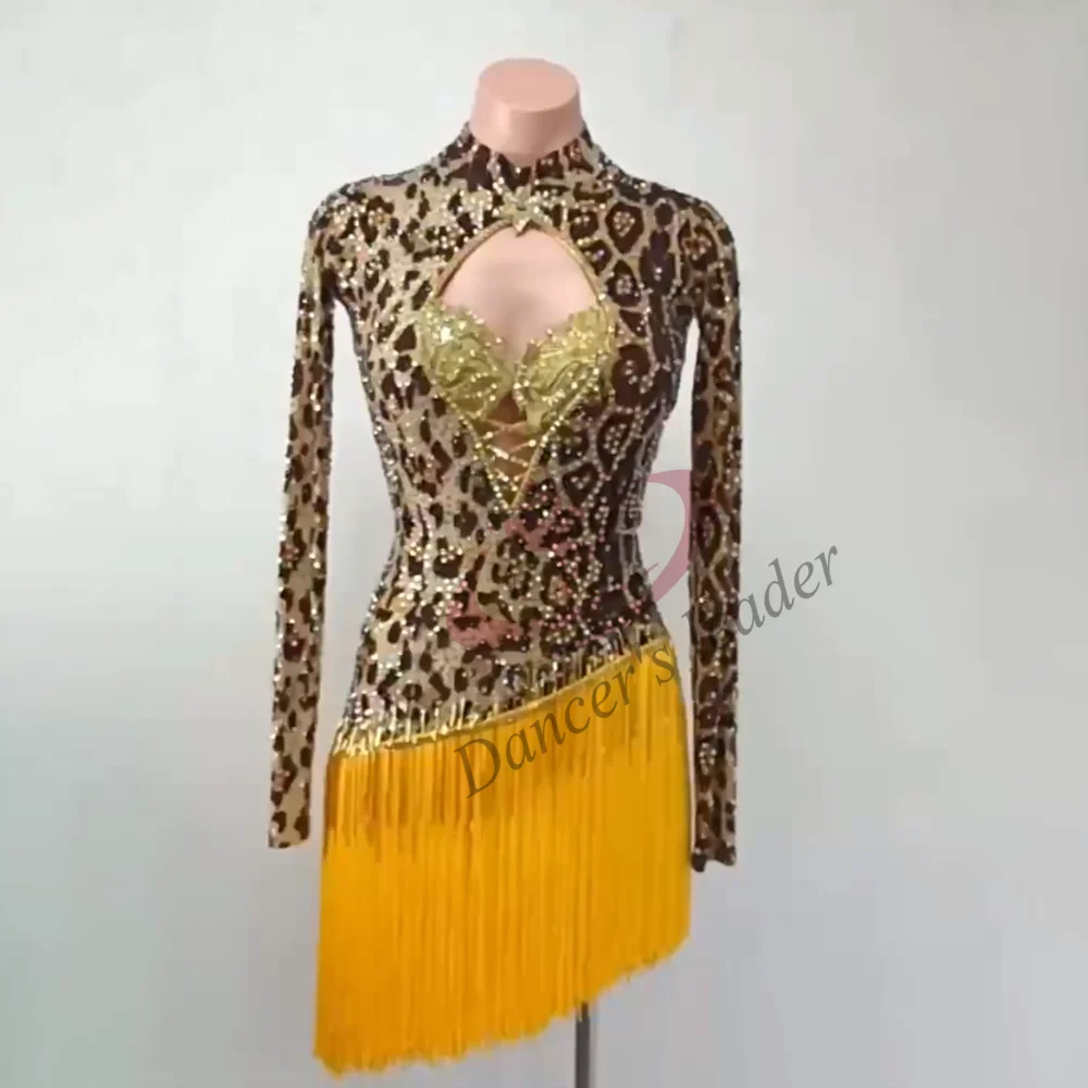 Latin Dance Competition Women's Clothing Children High-end Custom Leopard Print Open Chest ChaCha Tango Clothing Blackpool Dress