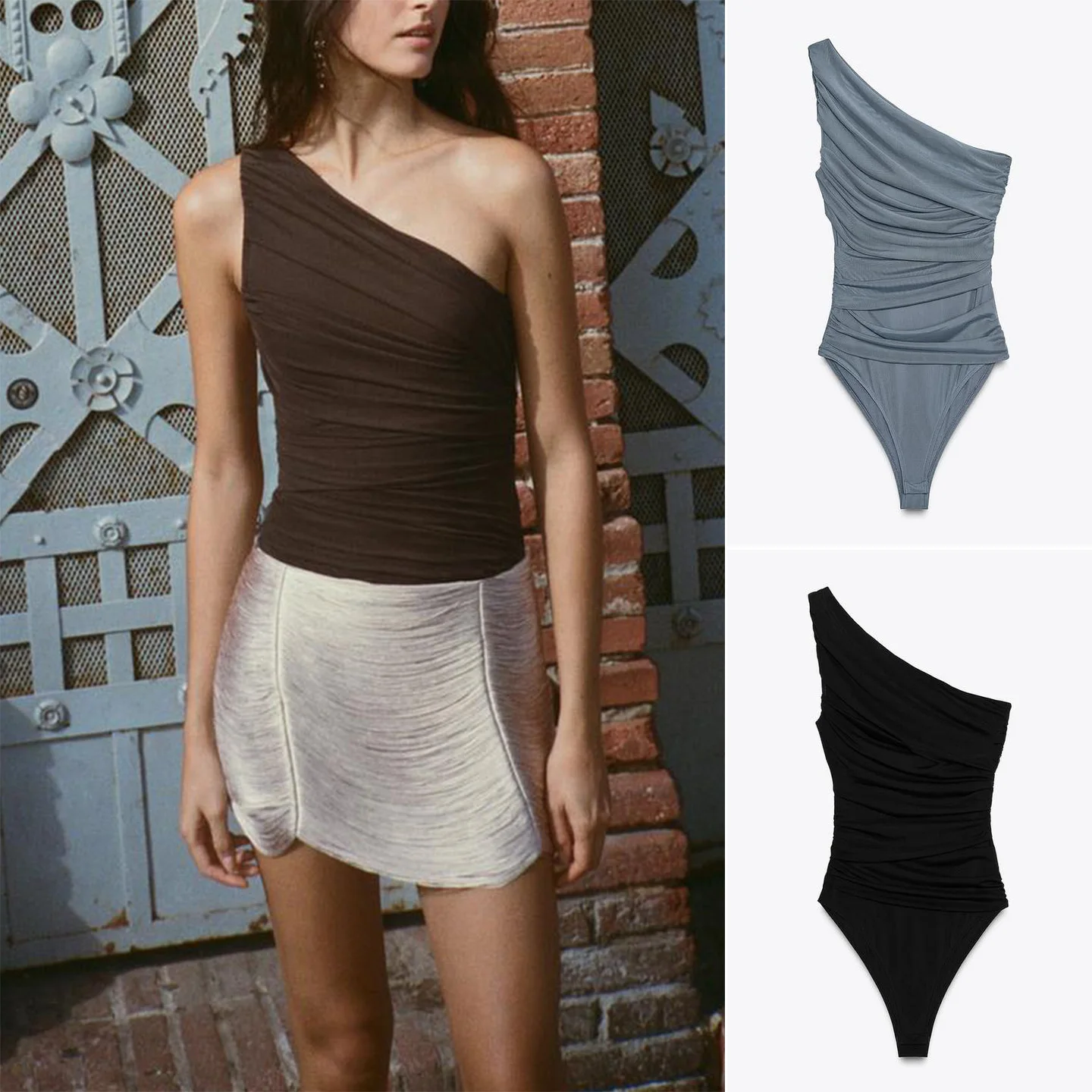 

Fall 2025 Asymmetric Neckline Shoulder Bared Silk Net Jumpsuit Design High Waist Straight Leg Short Pants Polyester Fiber