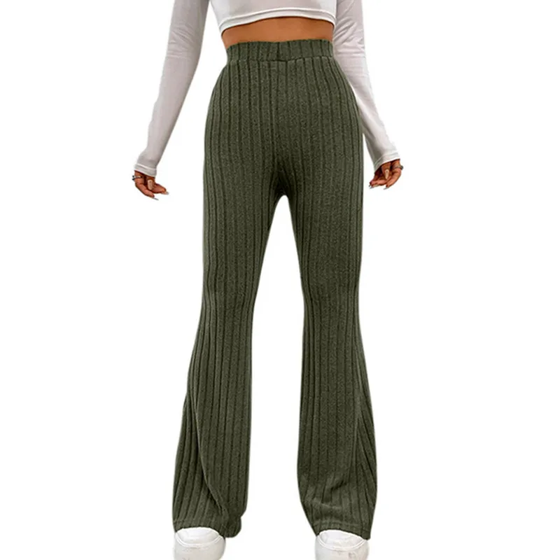 WPNAKS Women High Waist Flared Pants Autumn Clothes Casual Solid Color Ribbed Bell Bottoms Elastic Bootcut Trousers Streetwear