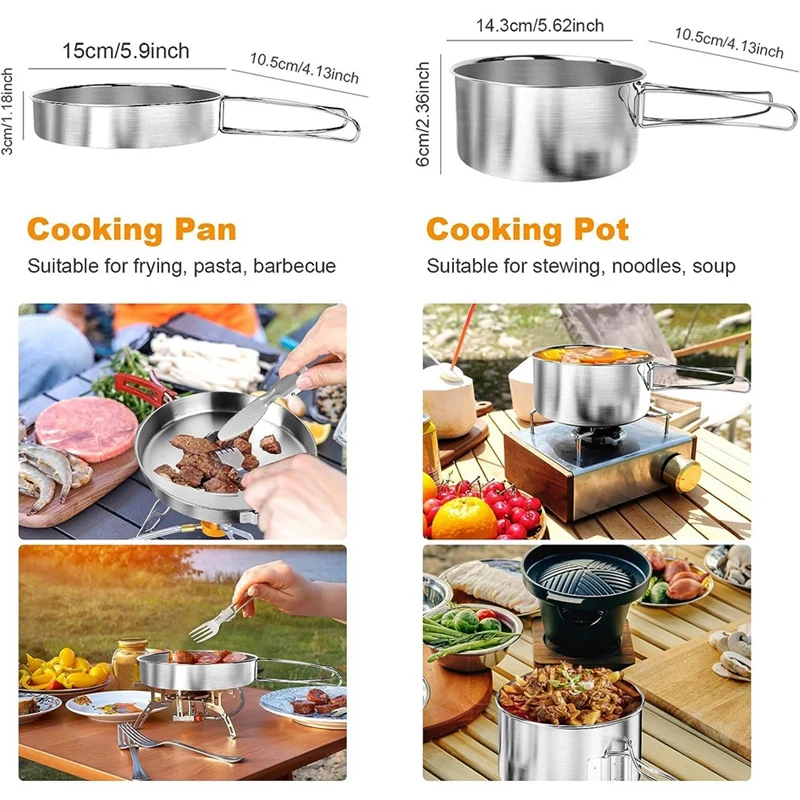 Camping Cookware Set Silver Stainless Steel Camping Pot Portable Outdoor Tableware Set Foldable And Stackable Pot Set