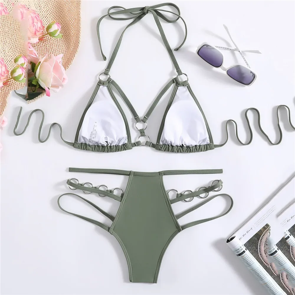 Steel Ring String Swimwear Halter Triangle Thong Micro Bikini Set Sexy Swimsuit Women 2025 Hollow Out Bathing Suit Green Bikinis