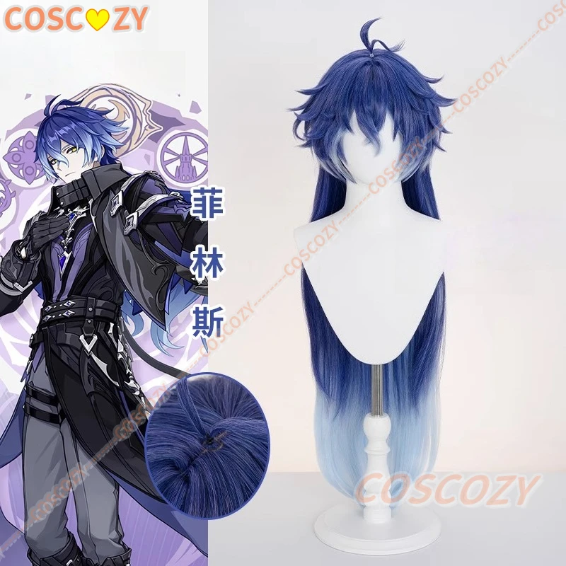 Genshin-Peluca de Cosplay de impacto Kyryll Chudomirovich Flins, pelo largo azul, fibra resistente al calor, peluca para fiesta de Halloween para mujeres y hombres