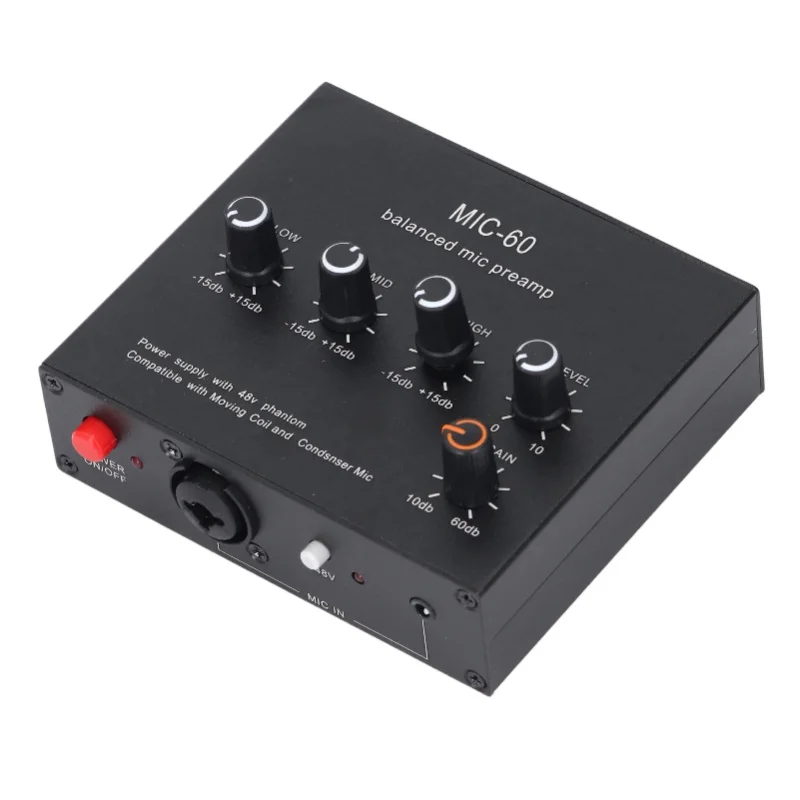 Microphone Preamp 3.5mm 6.5mm XLR Interface 60db Gain 48V Phantom Power Dynamic Condenser Mic Amplifier DC5-12V