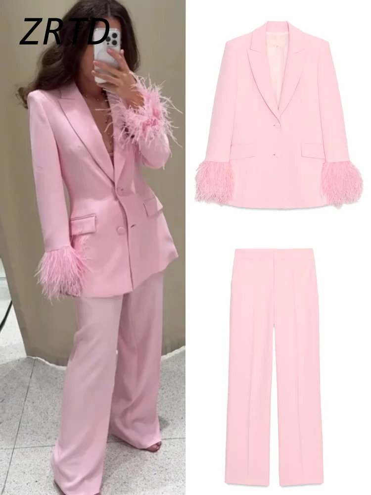 Ensemble Blazer et pantalon en plumes pour femmes, élégant, épaulettes, revers, manches longues, poches, jambes larges, tenues de rue d'été 2025, 2025