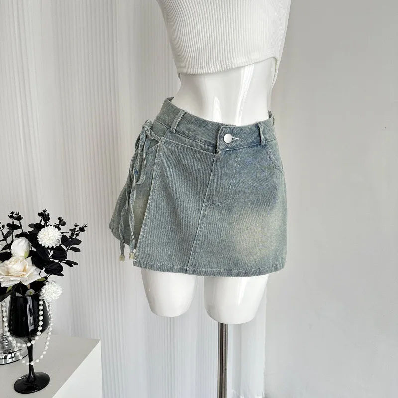 New Ultra Short Jeans Skirt 2024 Summer Versatile Sweet Cool Women's Contrast Color Washed Lace High Waist A-line Pants Skirt