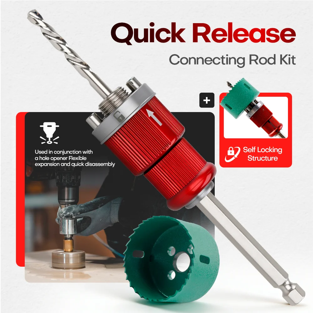 Woodworking Hole Opener, Self-locking Quick-Release Connecting Rod, Hexagonal Shank, Hole Saw for Wood, Plasterboard and Plastic