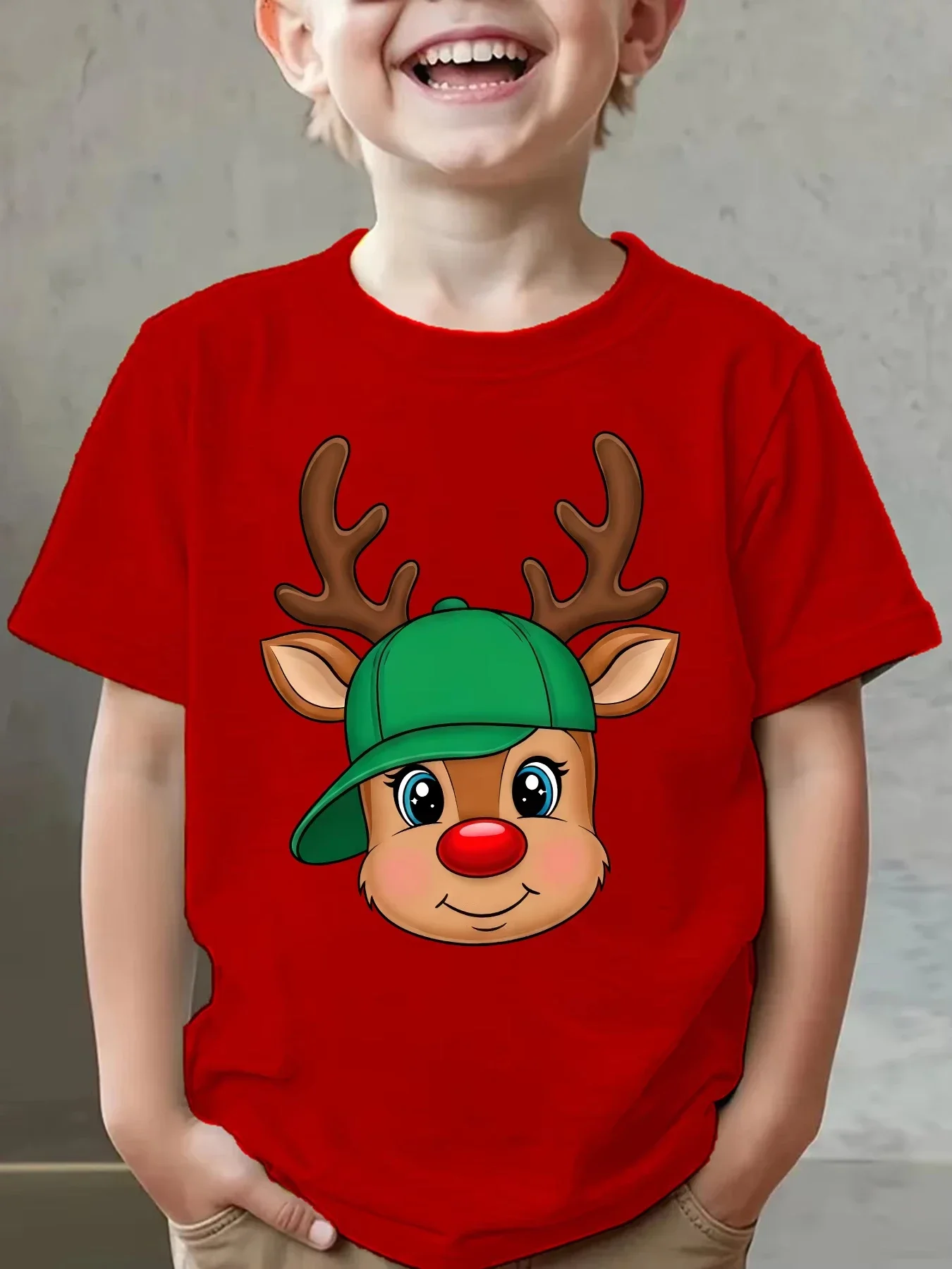 Kids Short Sleeve T Shirt Cute Reindeer Wearing Green Cap Graphic Crew Neck Casual Christmas Summer Tee For Boys Girls