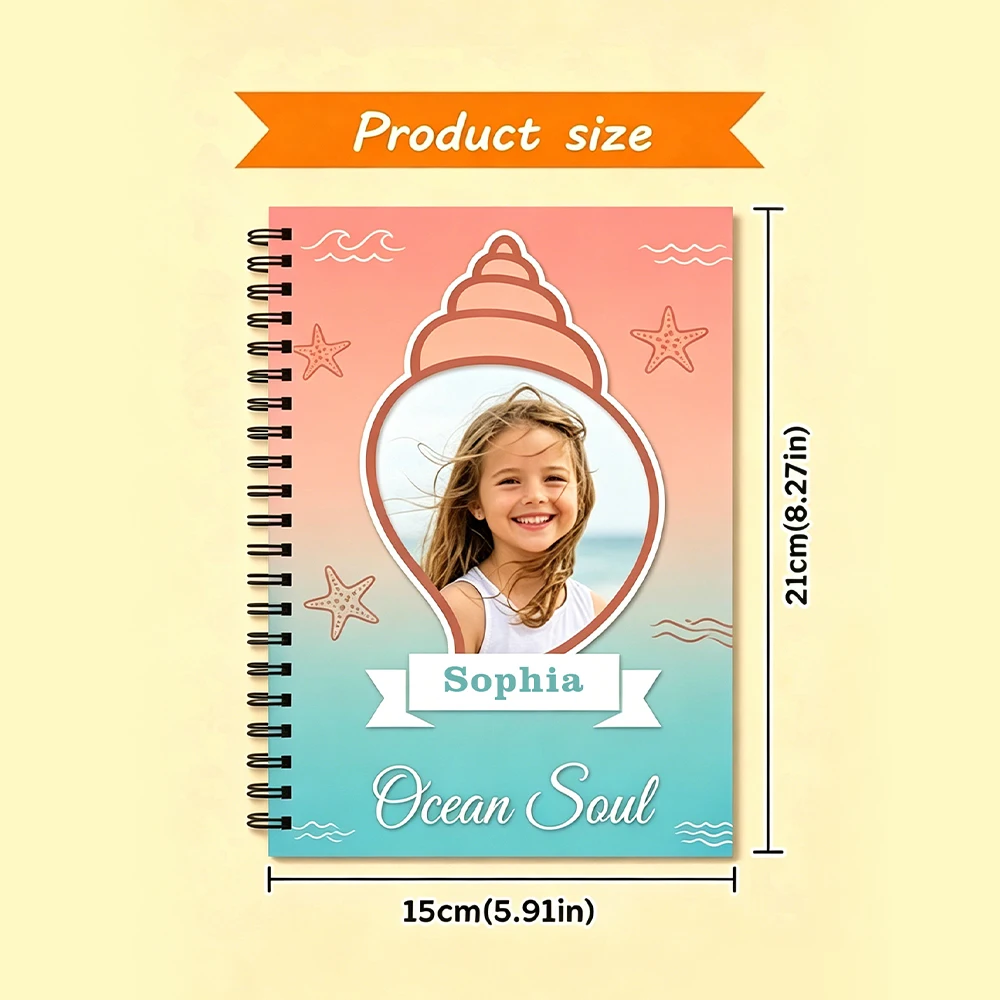 Customized Photo & Name Spiral Journal Notebook,Binding Lined Notebook,Seashell Starfish Pattern,Birthday Gift,Study Daily Plann