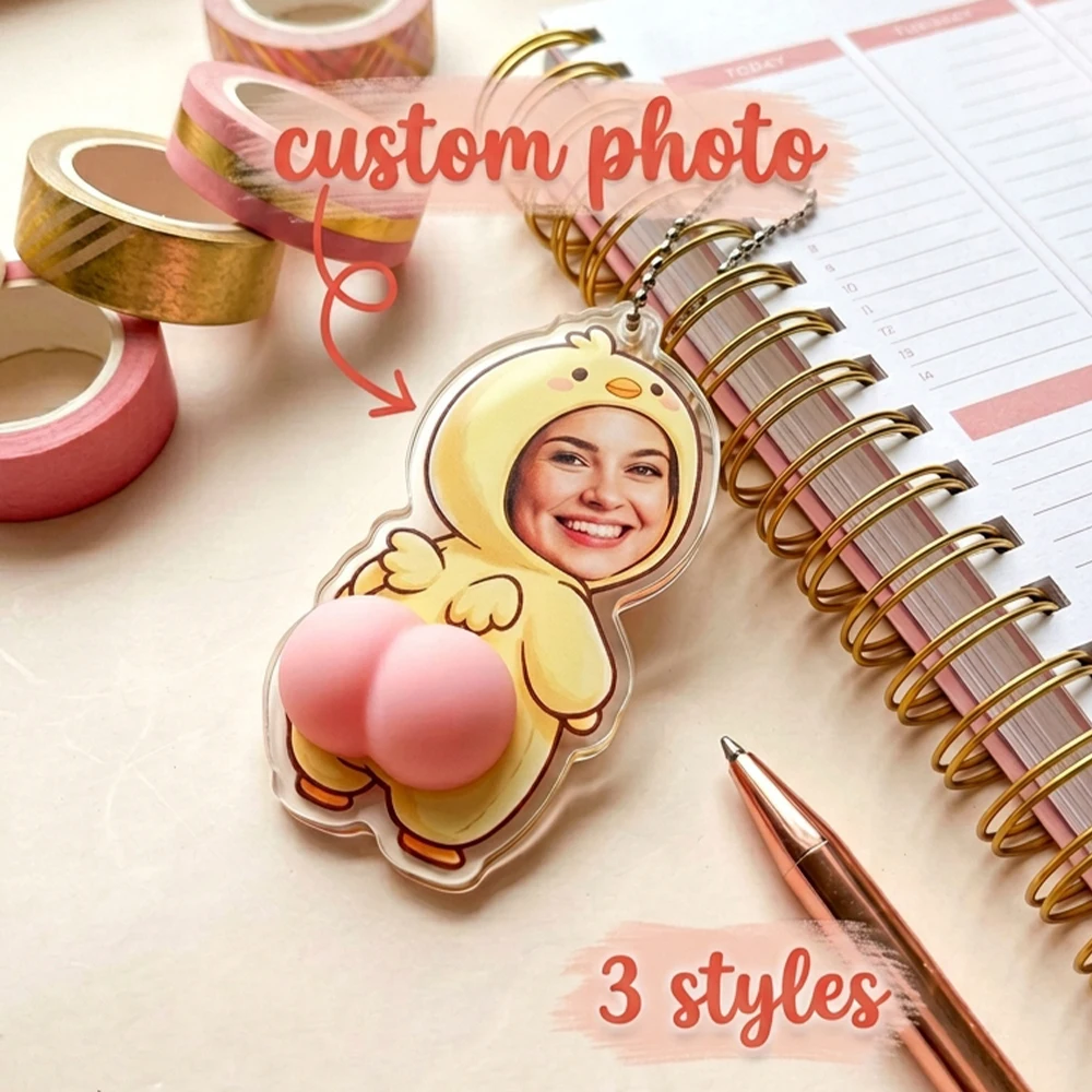 Custom Photo Butt Keychain, Personalized Squishy Butt Charm, Strawberry Themed Acrylic Pendant, Cute Fruit Cartoon Keychain