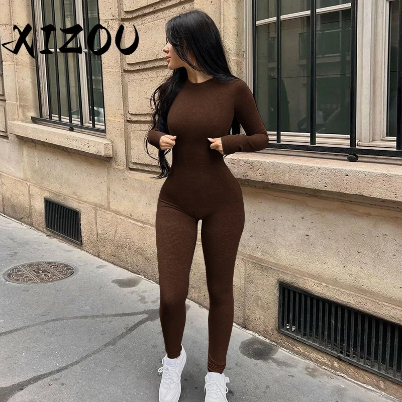 

XIZOU Solid Fitness Casual Jumpsuit Women Long Sleeve Stretch Skinny Activity Sporty Tight Simple Fall Streetwear Overalls