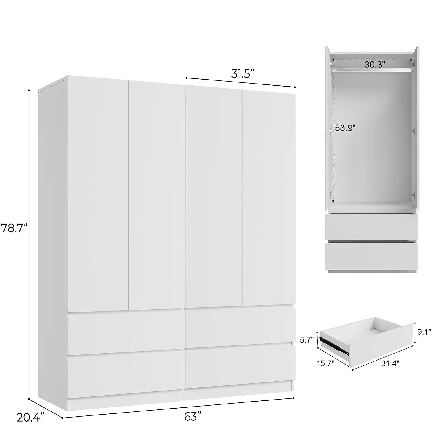 Armoire Wardrobe Closet with 4 Doors, Wooden Wardrobe Cabinet with 4 Drawers, Hanging Rod & Shelves, Freestanding, Customized