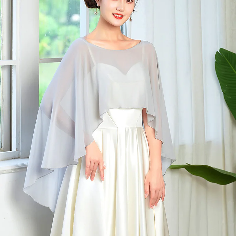 New Women Soft Solid Color Chiffon Capes Outdoor Beach Sunscreen Chiffon Long Shawl Evening Dress Wraps Bridal Wedding Cover Up