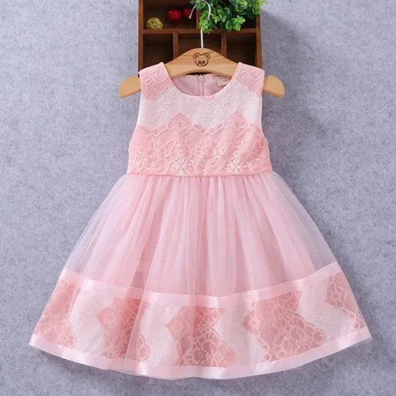 Summer Children's Clothing Hook Flower Kids Girls O-Neck Pink Sleeveless Splicing Lace Net Yarn Back Zipper Design Casual Dress