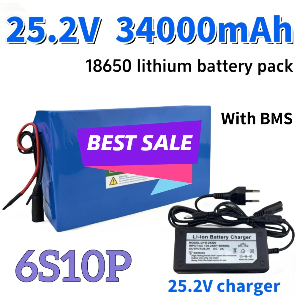 6S10P battery pack 25.2V 34000mAh 18650 lithium-ion rechargeable with BMS for scooters+25.2V 2A charger