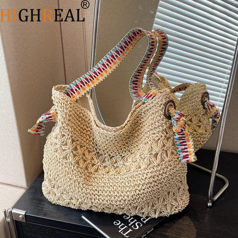 

Summer Straw Knitting Bag Hollow Out Tote Bag Solid Beach Shoulder Bag Holiday Travel Handbag Boho Shoulder Purse for Women