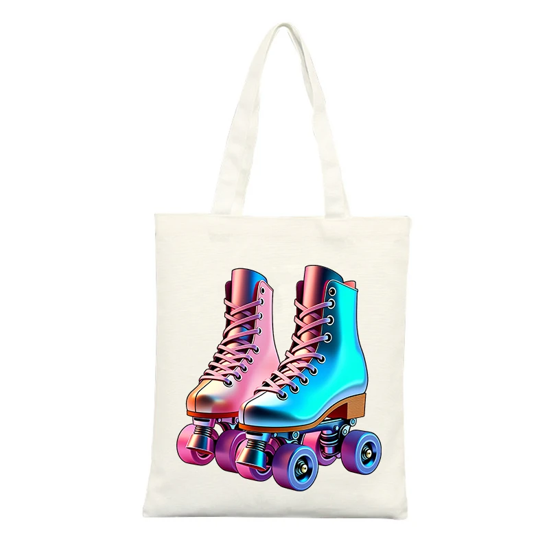 Canvas Tote Bag with Colorful Roller Skate Graphic, Retro Style for Casual Outings and Summer Shopping