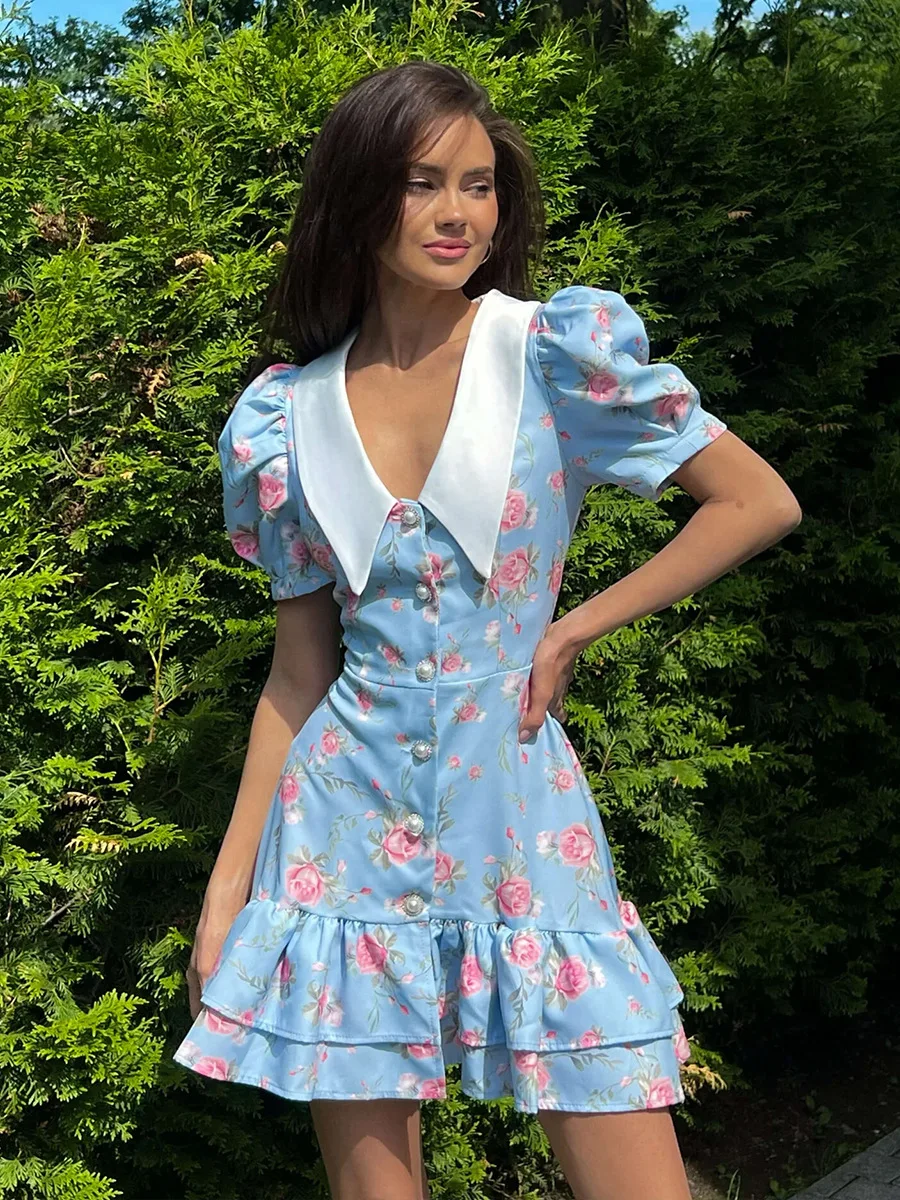 Bornladies Damenkleid mit französischem V-Ausschnitt und Puffärmeln, saisonaler Taillendruck, kurzer Rock, modisches Kleid mit Rüschenrand, Sommerneuheit – Detail 13