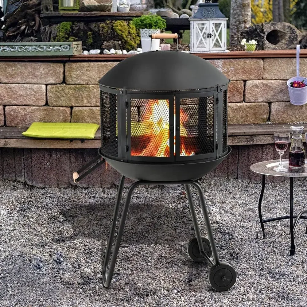 Portable Outdoor Wood-Burning Fire Pit with Spark Screen, Log Grate, Poker, and BBQ Grill