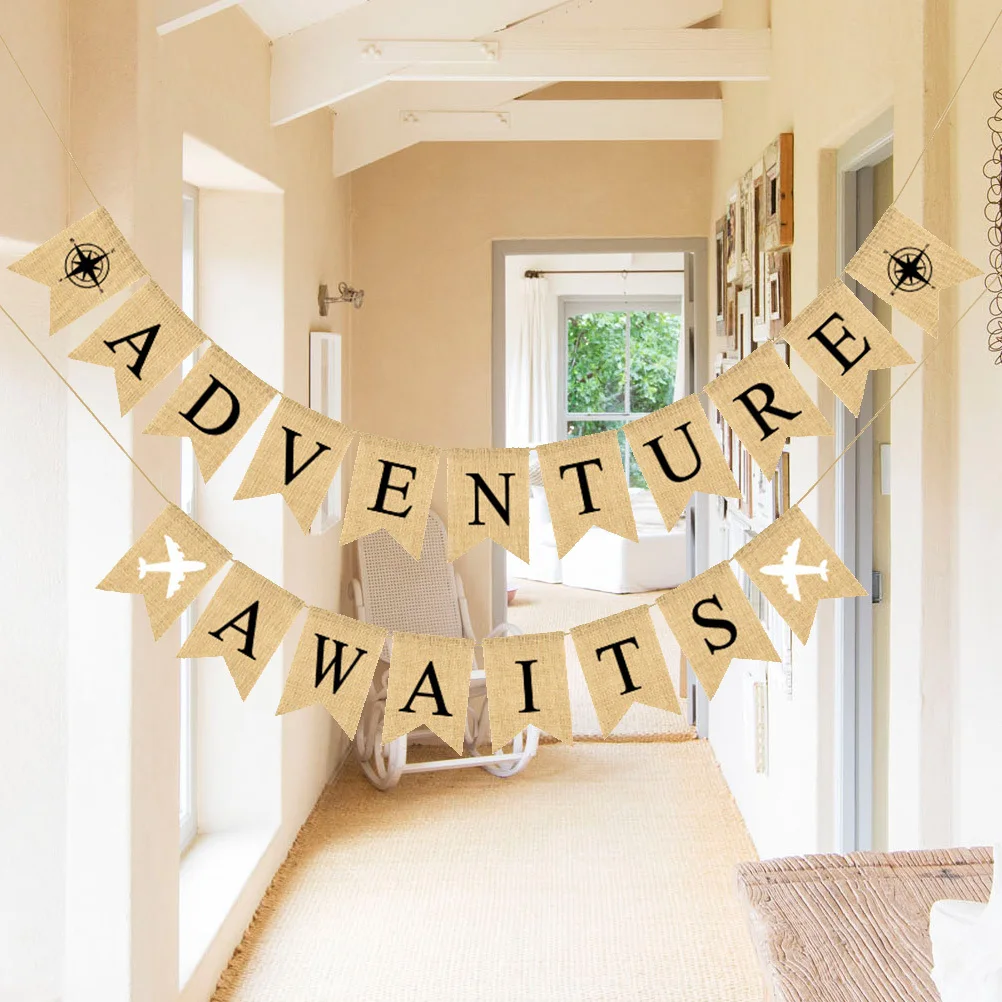 

Adventure Party Flag Retirement Bunting Banner Linen Letter Design Decorative Hanging Garland Room Wall Window Mantel Table