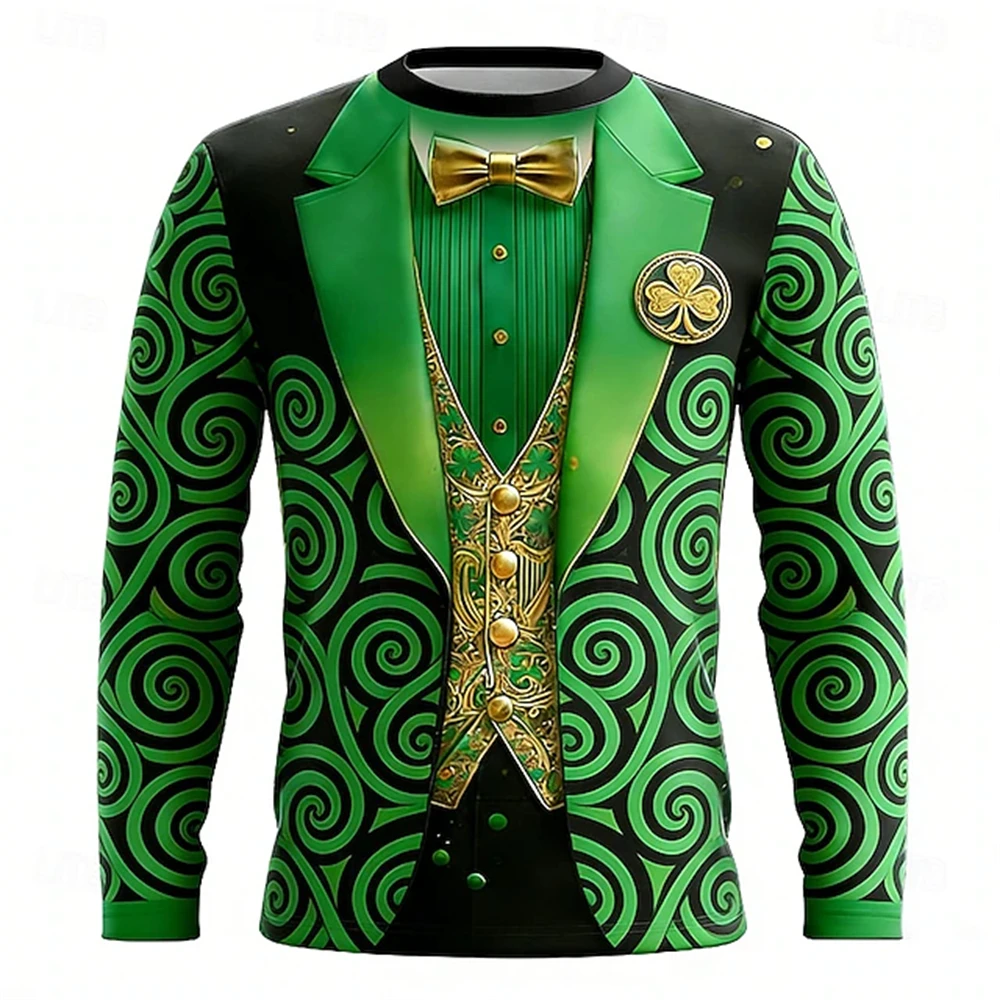 St Patricks Day Theme Style Men's Long Sleeve T Shirt Glowing Shamrock Golden Harp Faux Tuxedo Funny Irish Festival Green Tees
