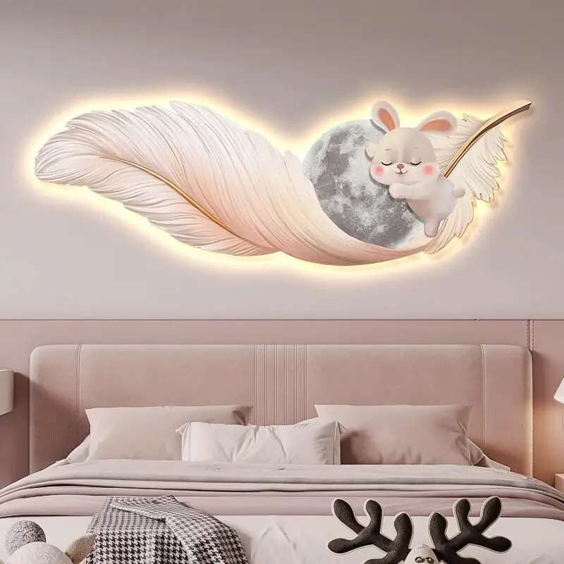 Feather cartoon decorative painting high-end bedroom LED light painting cute creative cutecore room decor living room furniture