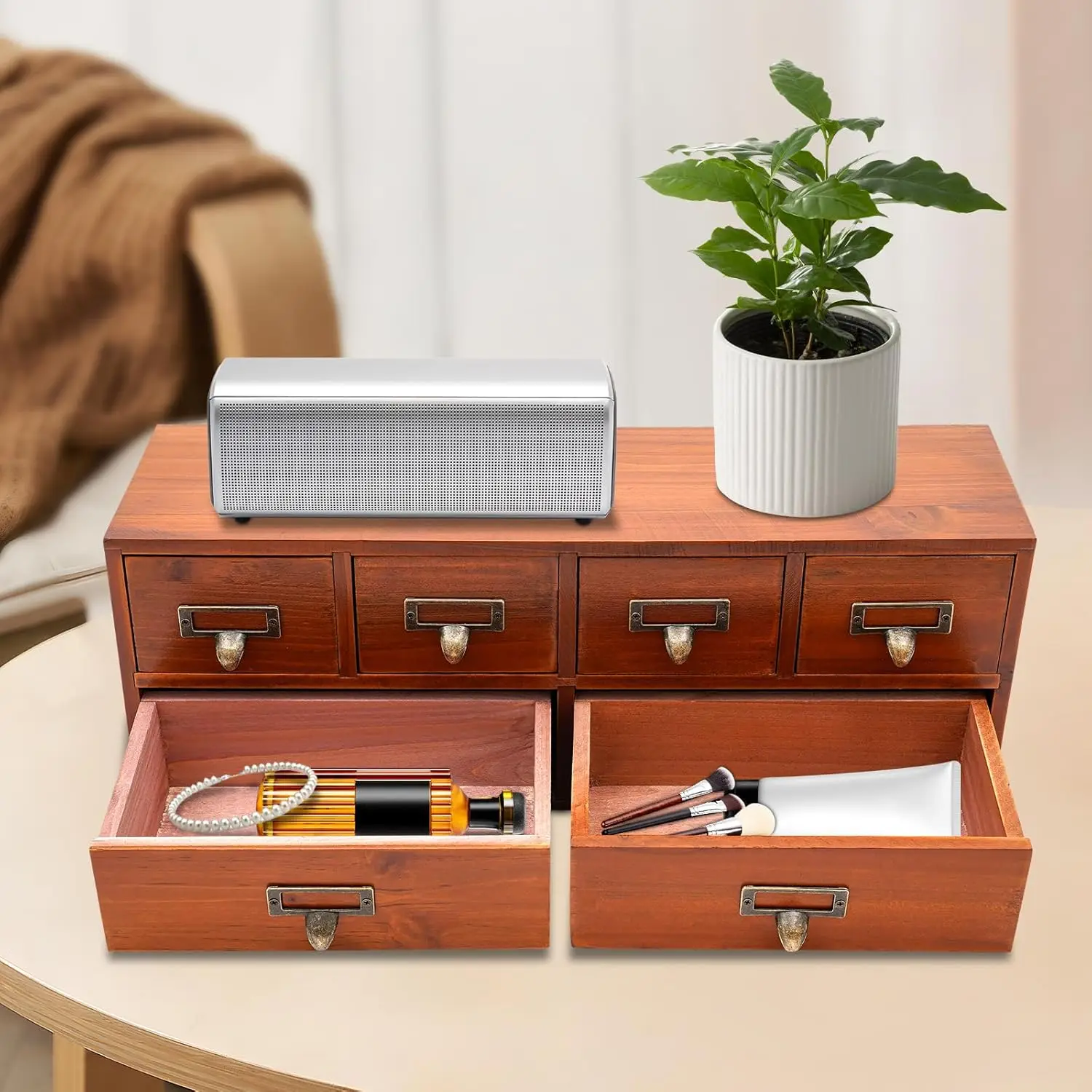 

Настольный органайзер с 6 ящиками в винтажном стиле, классический коричневый деревянный ящик для хранения, тонкий настольный органайзер в ретро-стиле