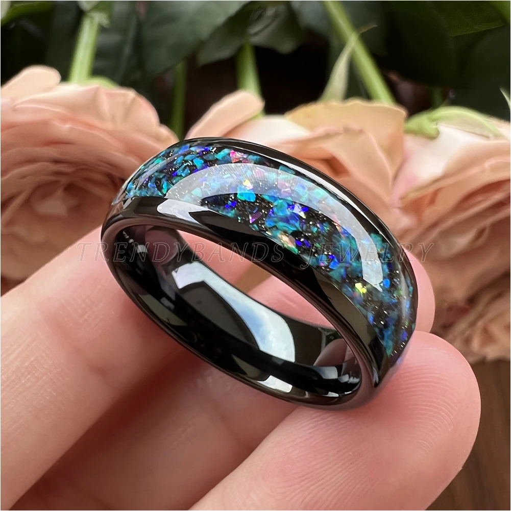 Black 8mm Tungsten Carbide Engagement Rings for Men Women Wedding Band Galaxy Opal Inlay Domed Polished Shiny Comfort Fit