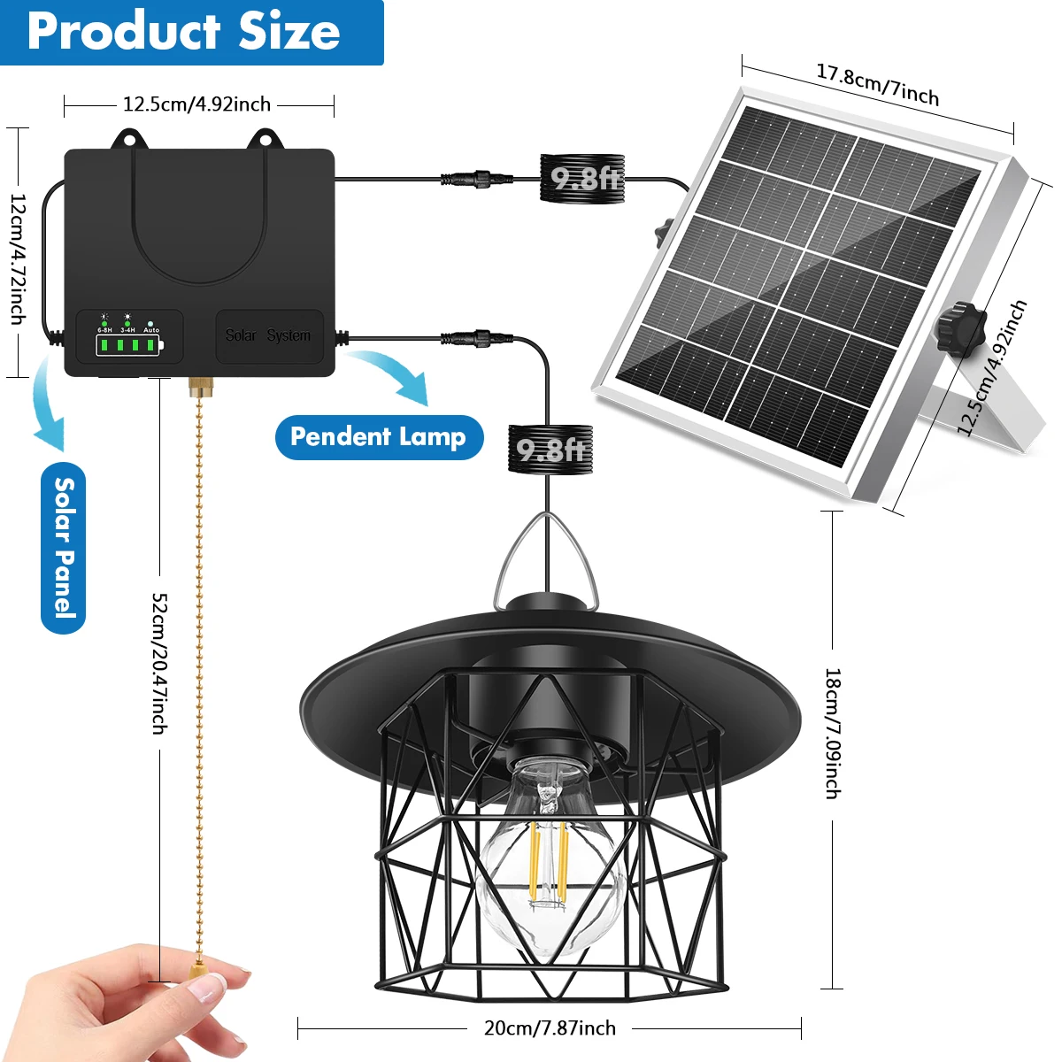Wrought Iron Solar Pendant Light for Garden Shed Retro Pull Cord 3 Modes IP65 Waterproof Indoor Outdoor Barn Patio RV Solar Lamp